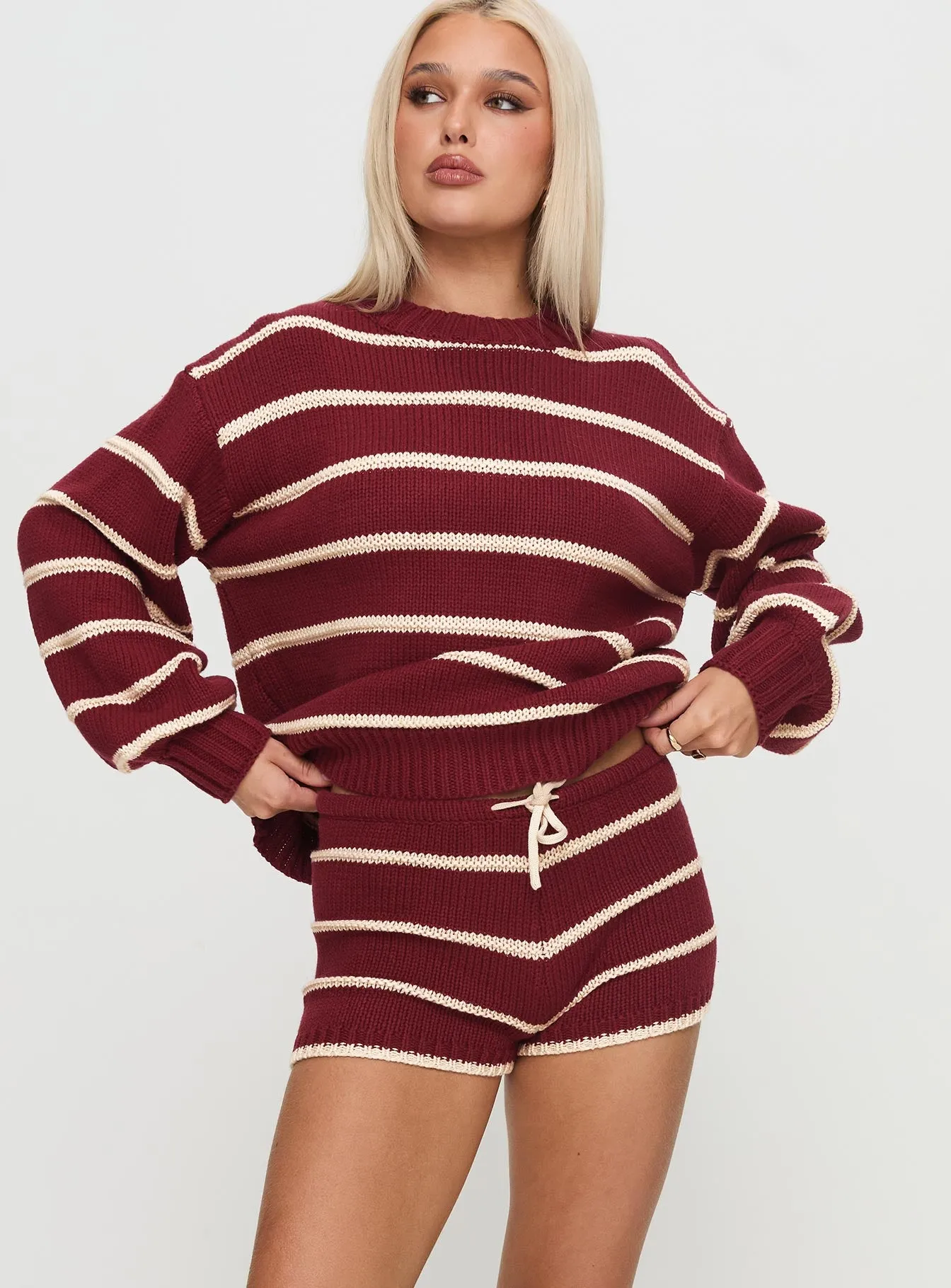 Read Your Mind Knit Short Maroon Stripe Flexible Waistline Spark Mood