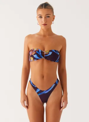 Cuba Strapless Bikini Top - Dark Floral Poolside Fun Drawstring-Closure