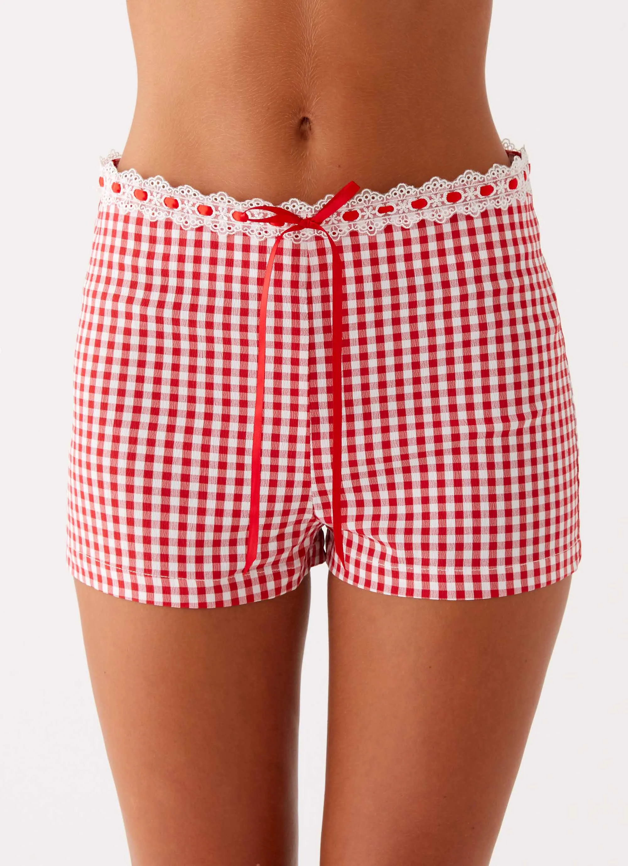 Devon Micro Shorts - Red Gingham Textured Surface Elegant formal piece