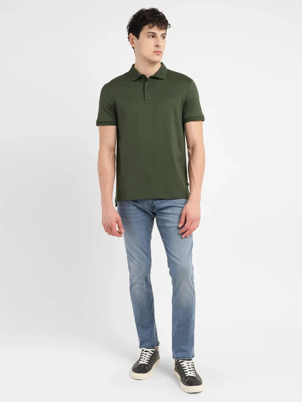 SingleJersey Knit Men's Redloop Solid Slim Fit Polo T-shirt