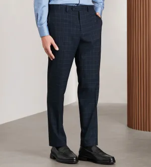 Double Stitched Seams Multi Pocket Design Slim Fit Navy Windowpane Suit Pants
