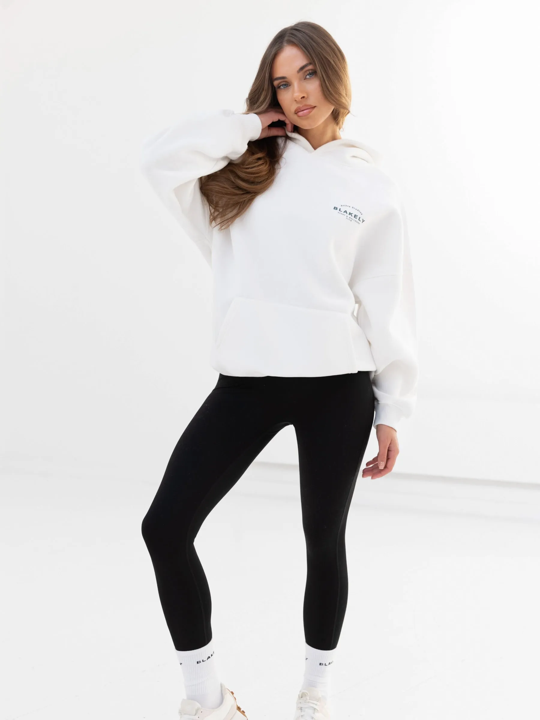 Ribbed Hemming Active Studios Oversized Hoodie - Flat White & Teal Green