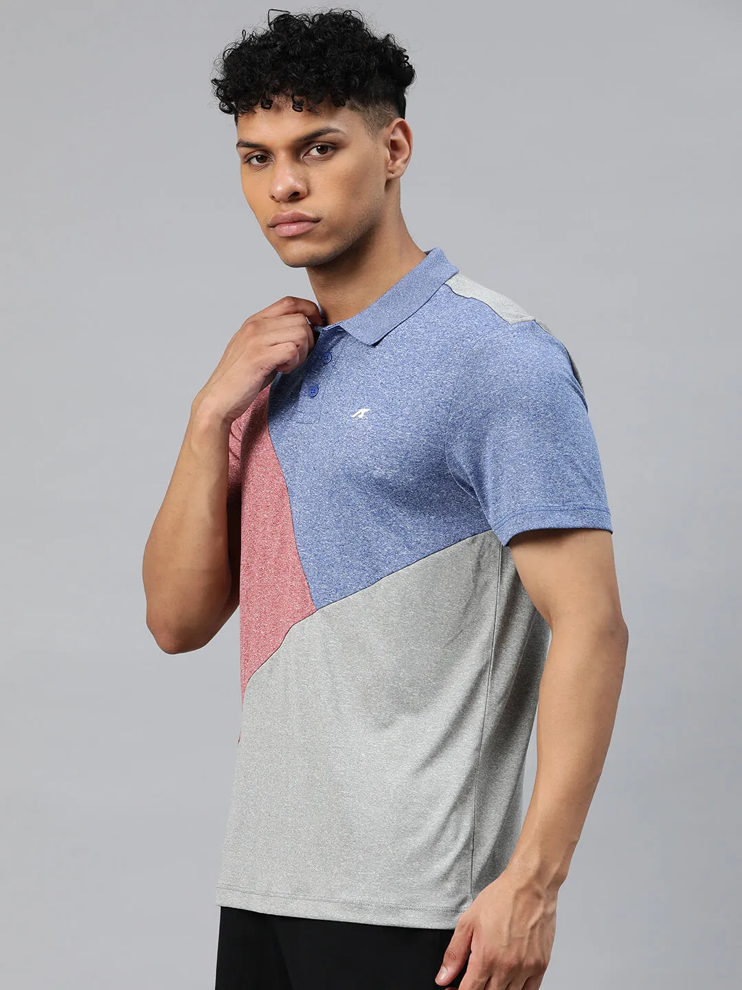 Alcis Men Grey Pink Colourblocked Polo Collar Anti Static Slim Fit T-shirt Durable Cotton