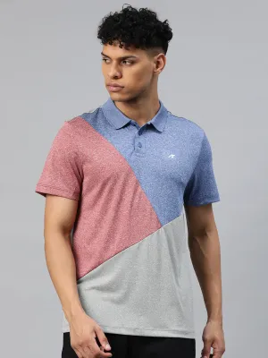 Ribbed Cuff Design Alcis Men Grey Pink Colourblocked Polo Collar Anti Static Slim Fit T-shirt