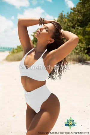 Ruffled-Edges White High Waisted Thong Swimwear (Set)