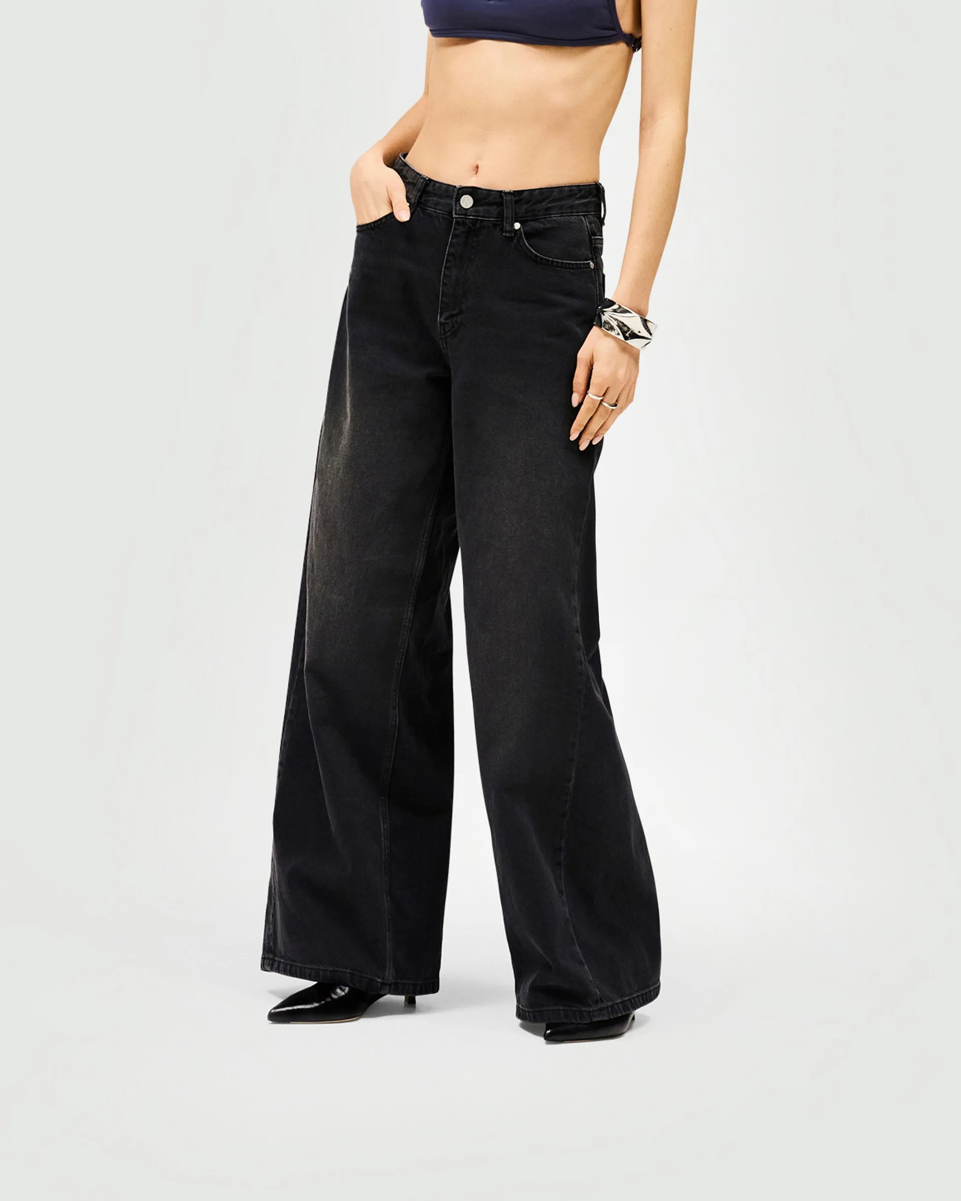 Softened Lining Cozy Vibe Mid Rise Wide Leg Jean - Washed Black