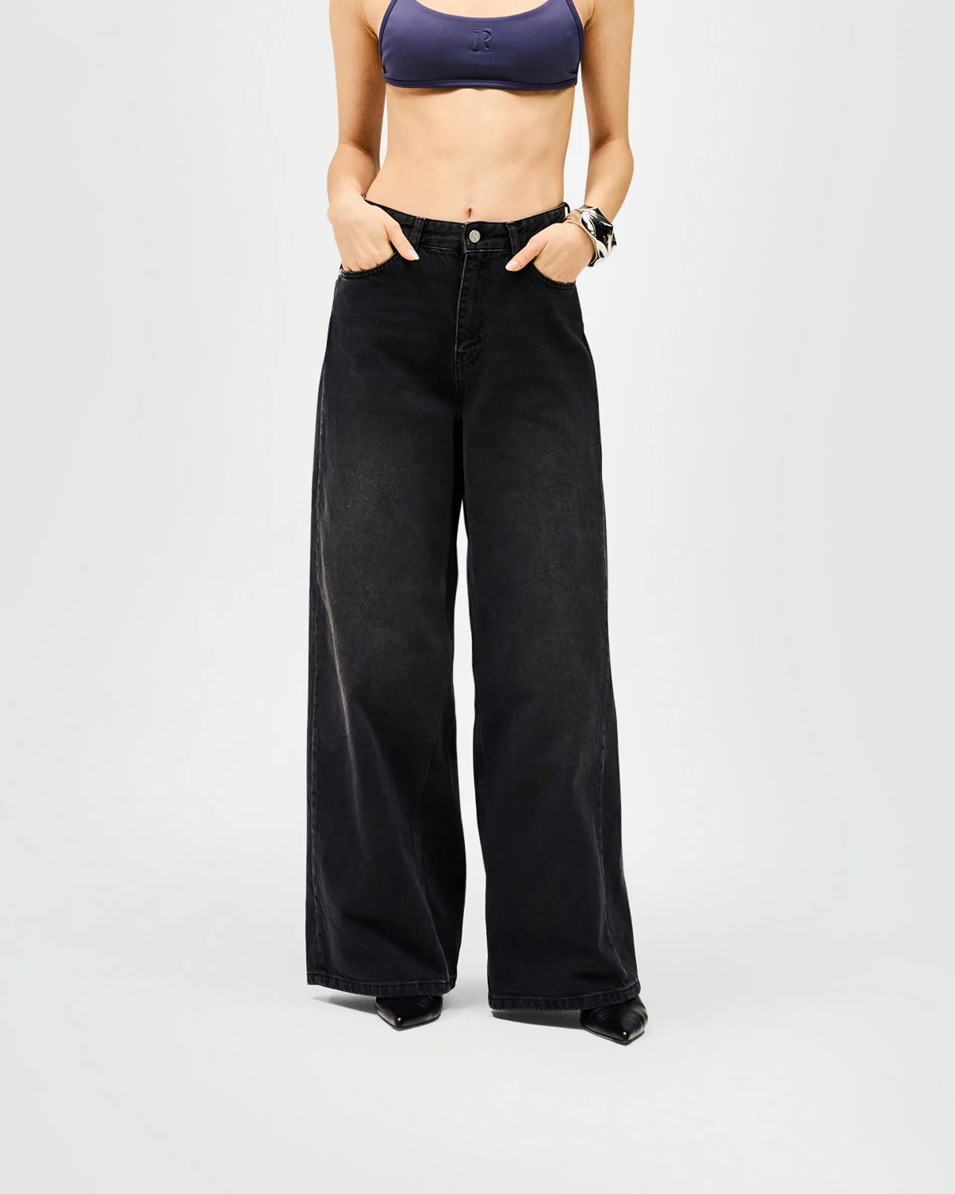 Mid Rise Wide Leg Jean - Washed Black All Use Wear