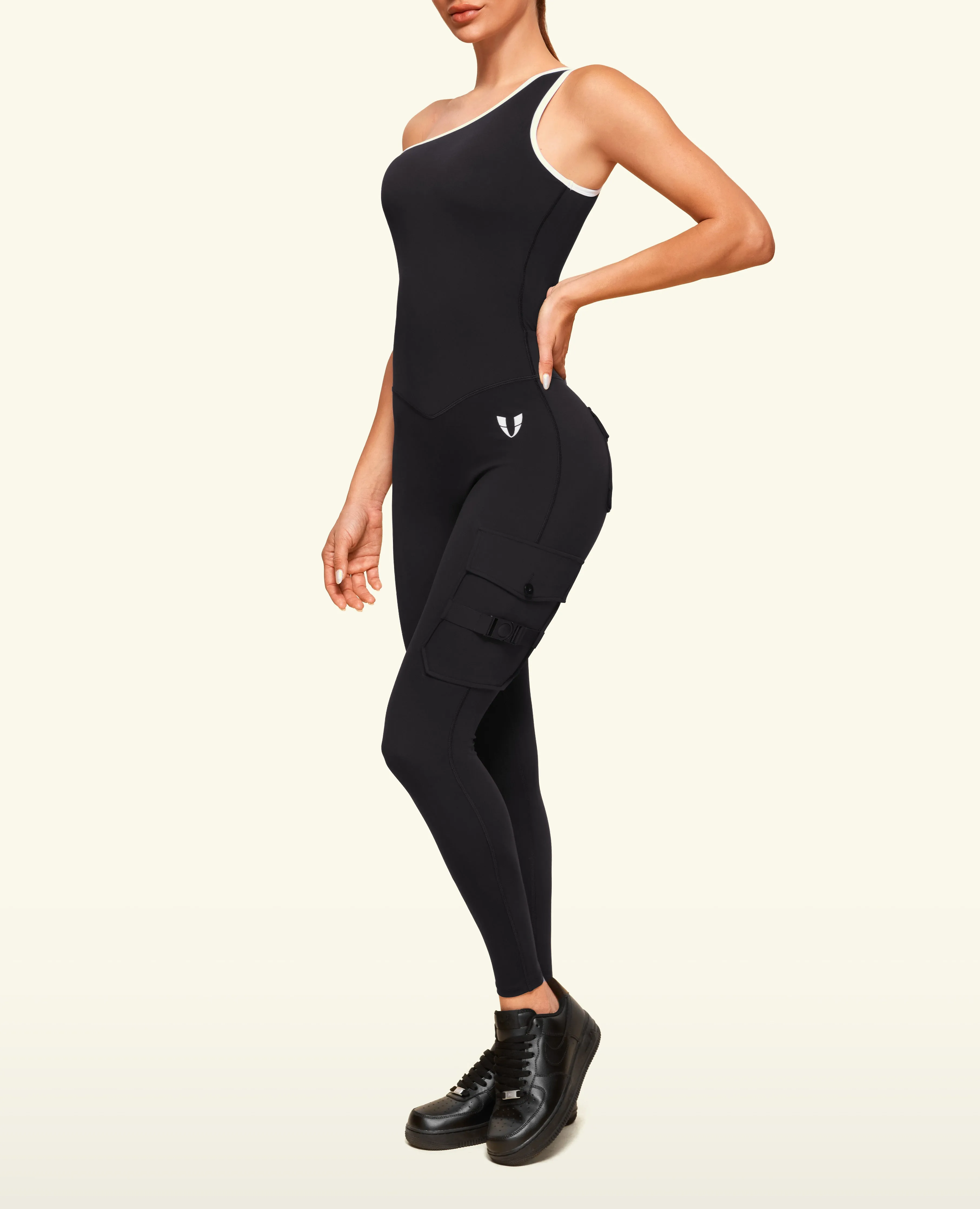 One Shoulder Pocket Long Bodysuit  - Black Urban Flow EcoFriendlyTextile