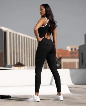 TactileStitching Park Day One Shoulder Pocket Long Bodysuit  - Black