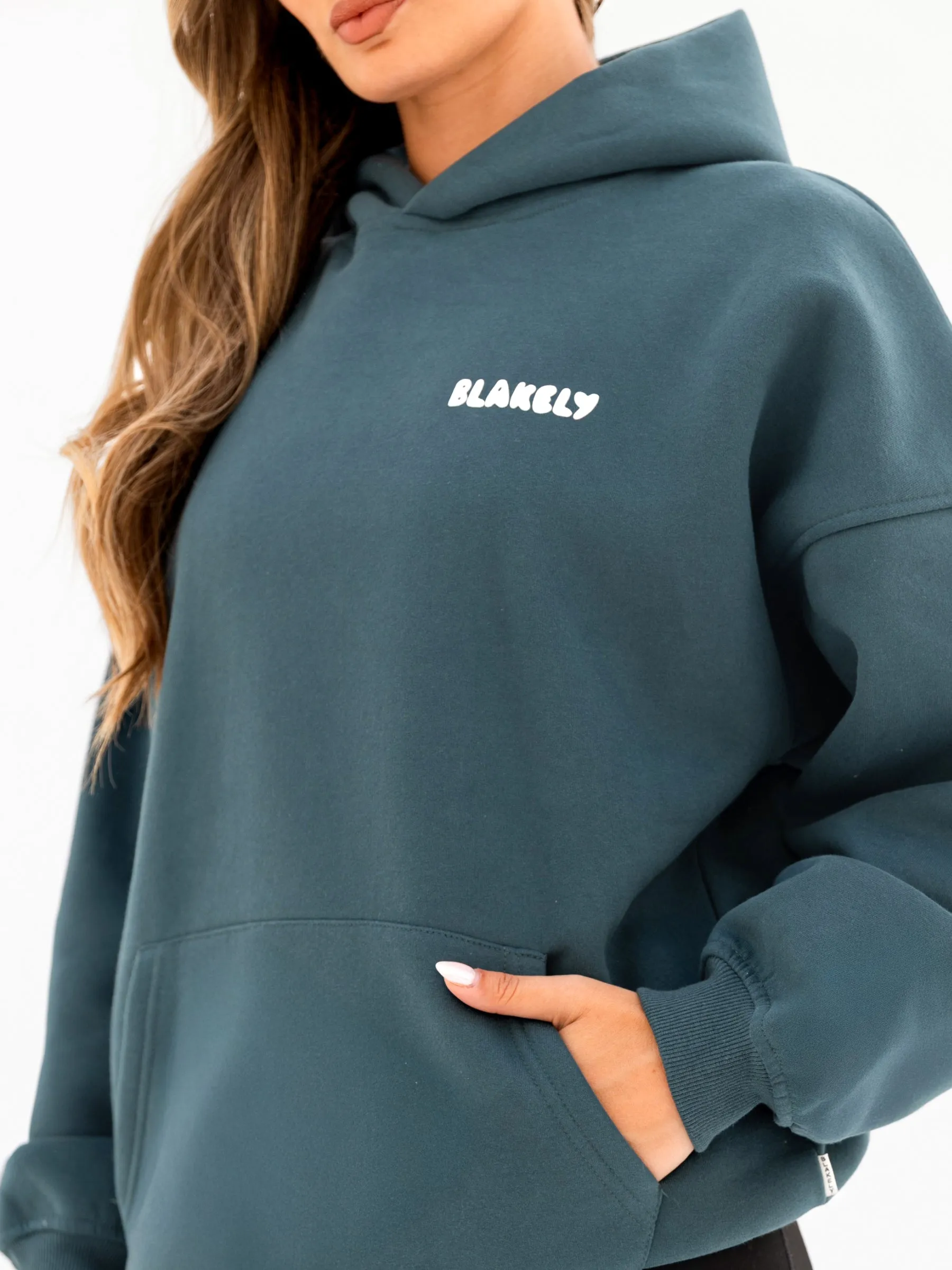 Printed Pattern Satin Lining Cloud Print Oversized Hoodie - Teal Green