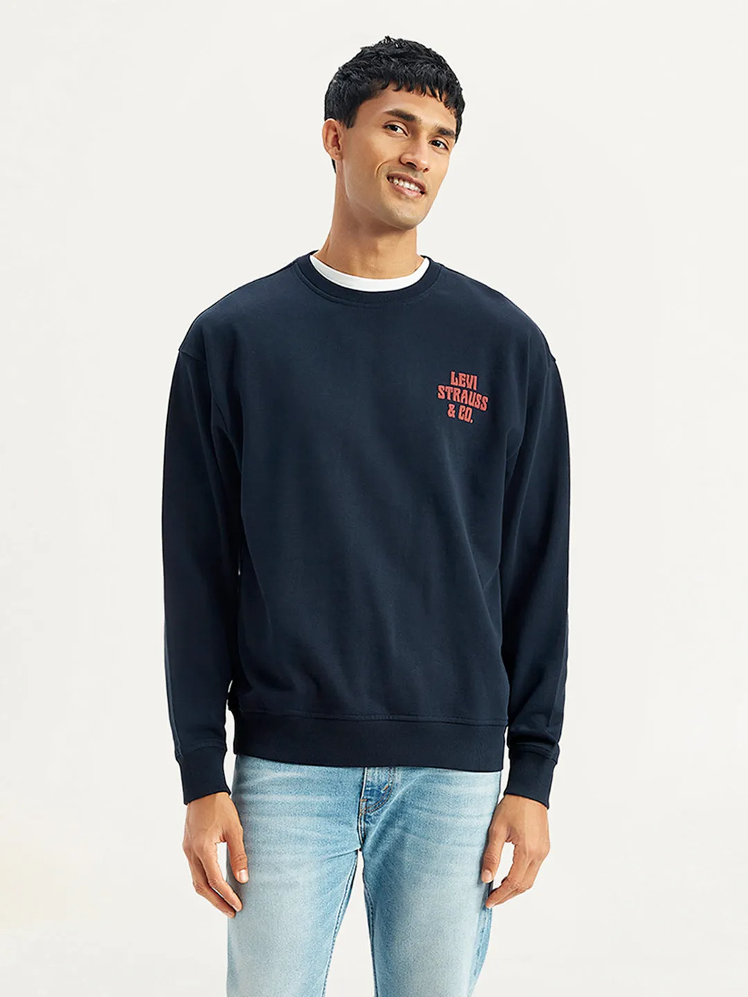Men's Solid Navy Crew Neck Sweatshirt Active Outfit All Weather Wear