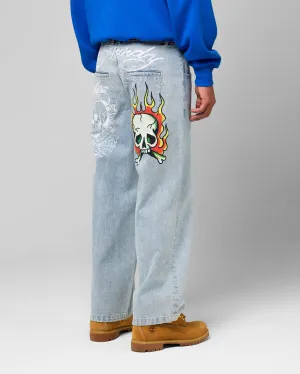 Durable Triple Stitched Seams Pure Comfort Ed Hardy Wide Leg Skull Jeans Light Blue