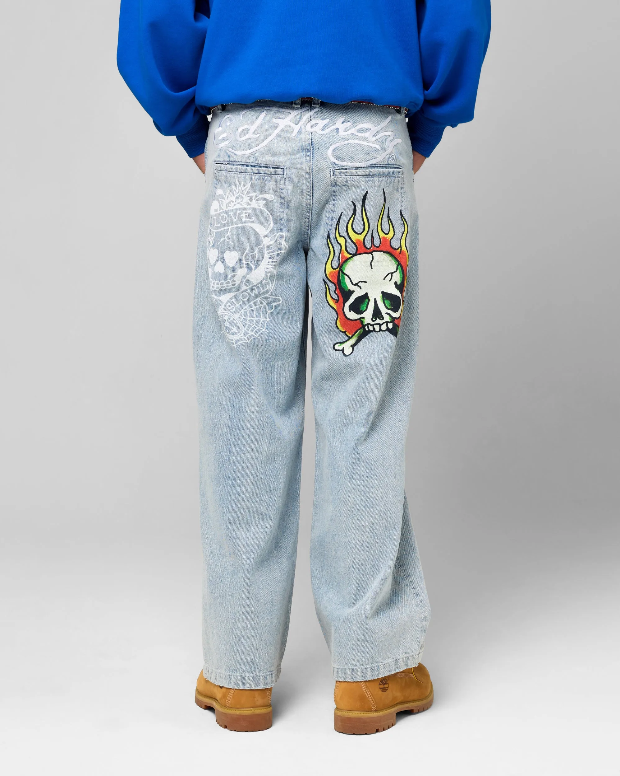Multi Season Piece Balanced Style Ed Hardy Wide Leg Skull Jeans Light Blue