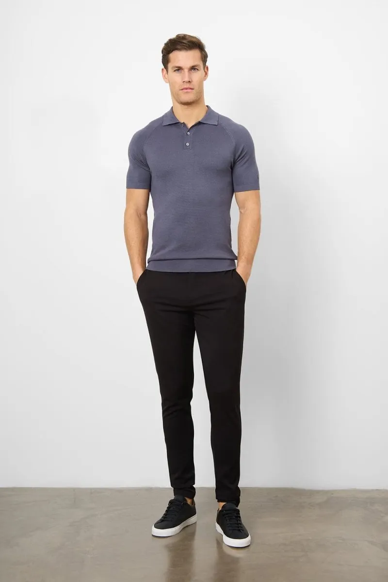 Fine Gauge Knitted Polo Shirt in Graphite Golf Style DoubleLayered Hem Binding