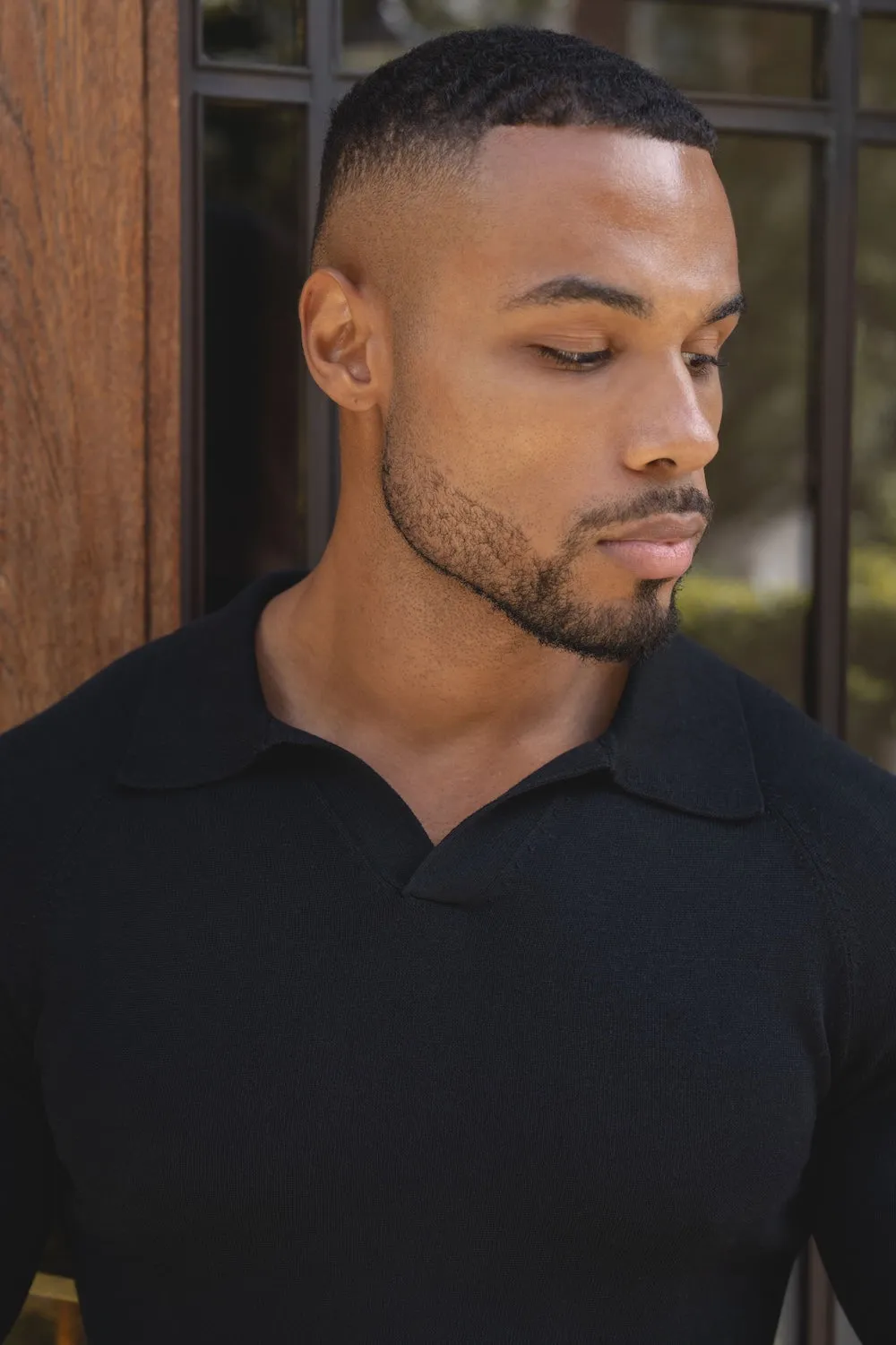 Moisture Wicking Fabric Yarn Dyed Collar Pure Cotton Knitted Open Collar Polo Shirt in Black