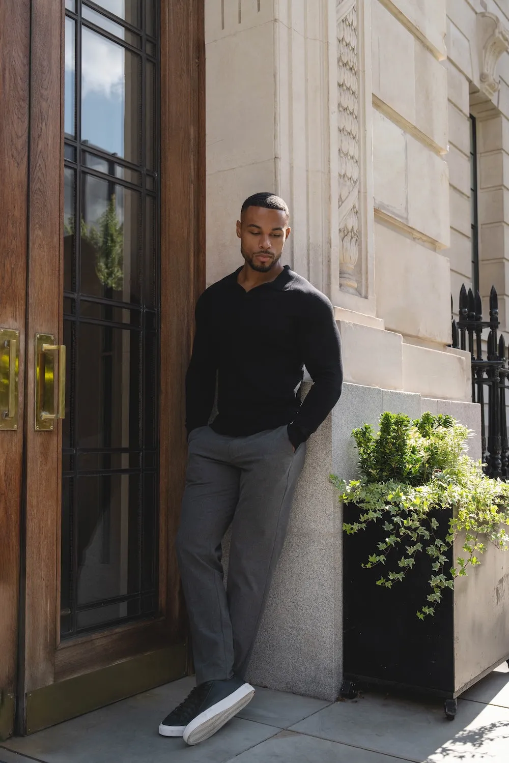 Pure Cotton Knitted Open Collar Polo Shirt in Black SoftTouch Collar Lining Curved Hemline