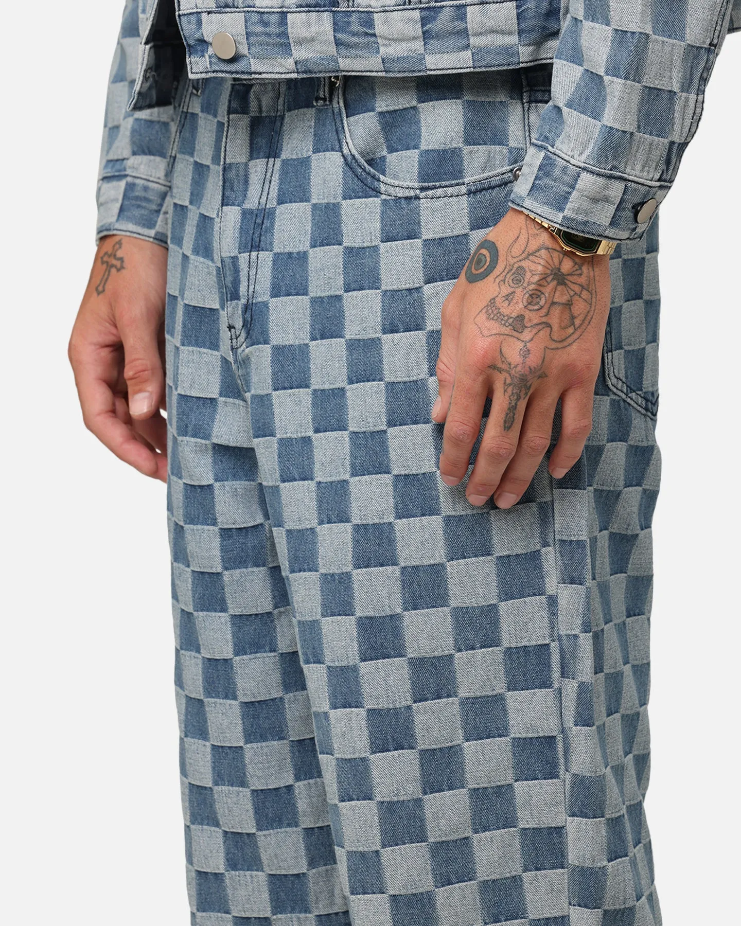 XXIII Checker Board Denim Jeans Blue Relaxed Style Lightweight Durable