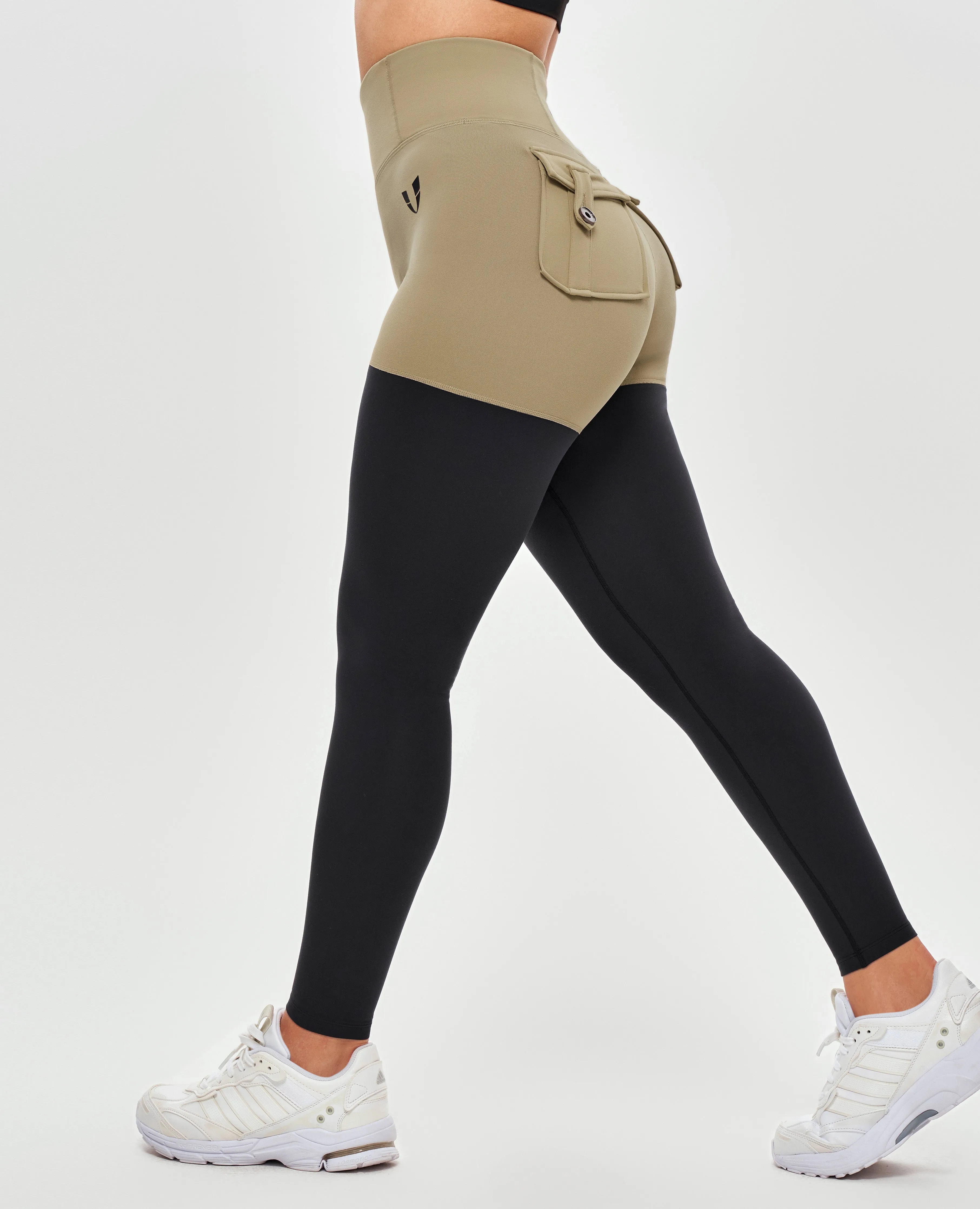 Pure Motion Tummy Control Cargo Athletic Leggings - Beige and Black