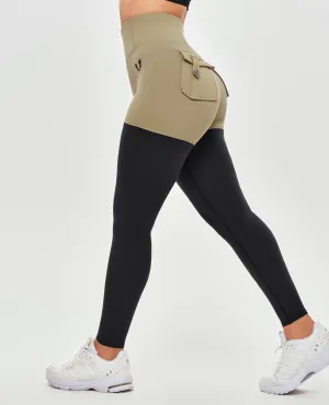 Pure Motion Tummy Control Cargo Athletic Leggings - Beige and Black