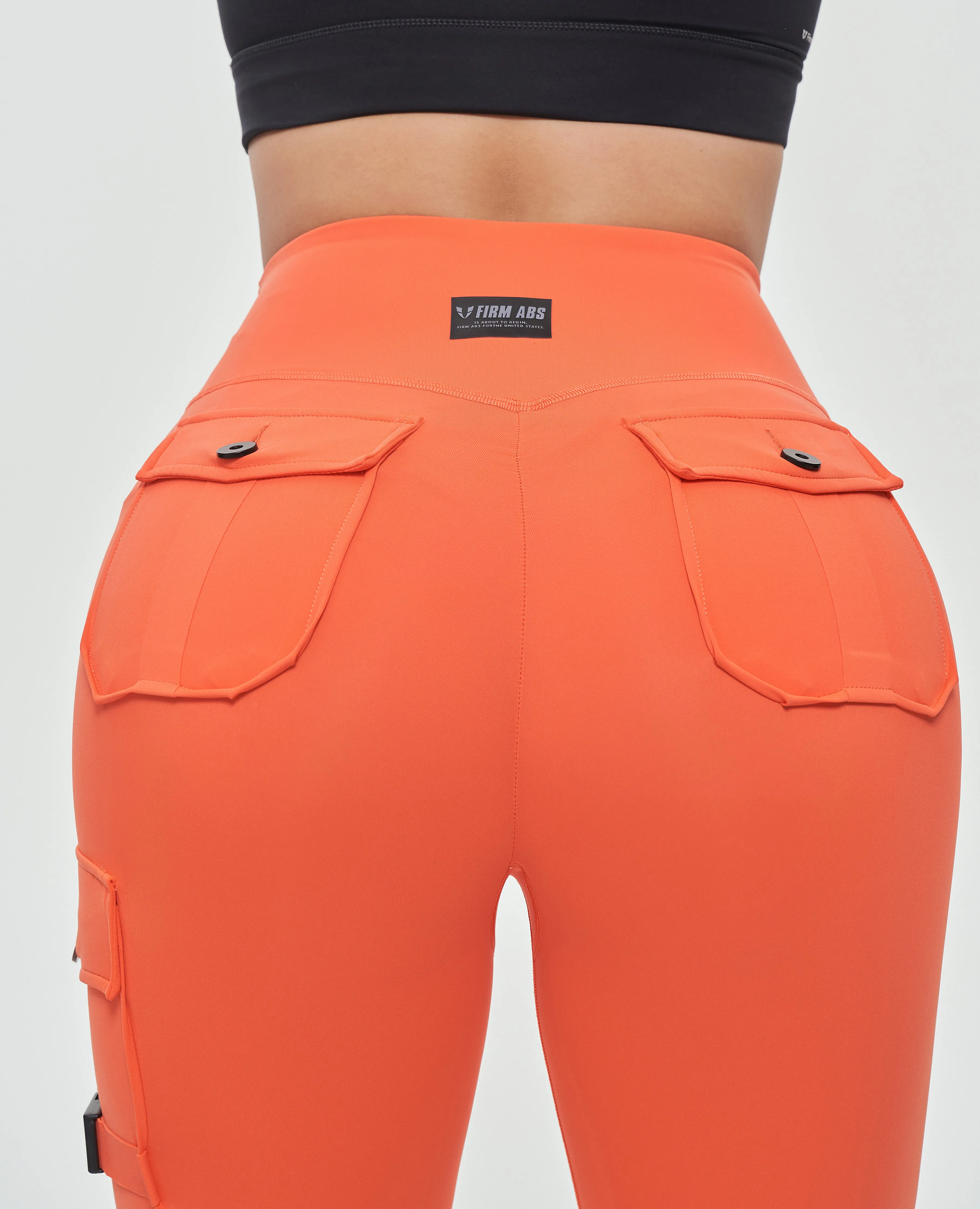 Cargo High Waisted Pocket Leggings - Orange Thermal Regulating Fabric anti slip grip