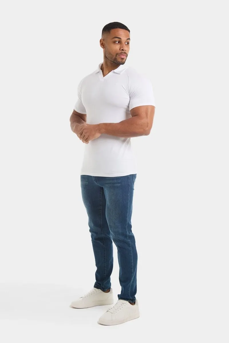 Interlock Cotton FourWay Stretch Fabric Jersey Buttonless Polo Shirt in White