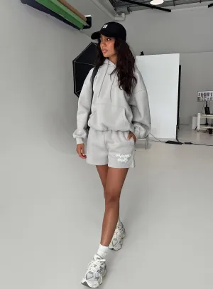 Princess Polly Track Shorts Puff Text Grey SweatWickingLining