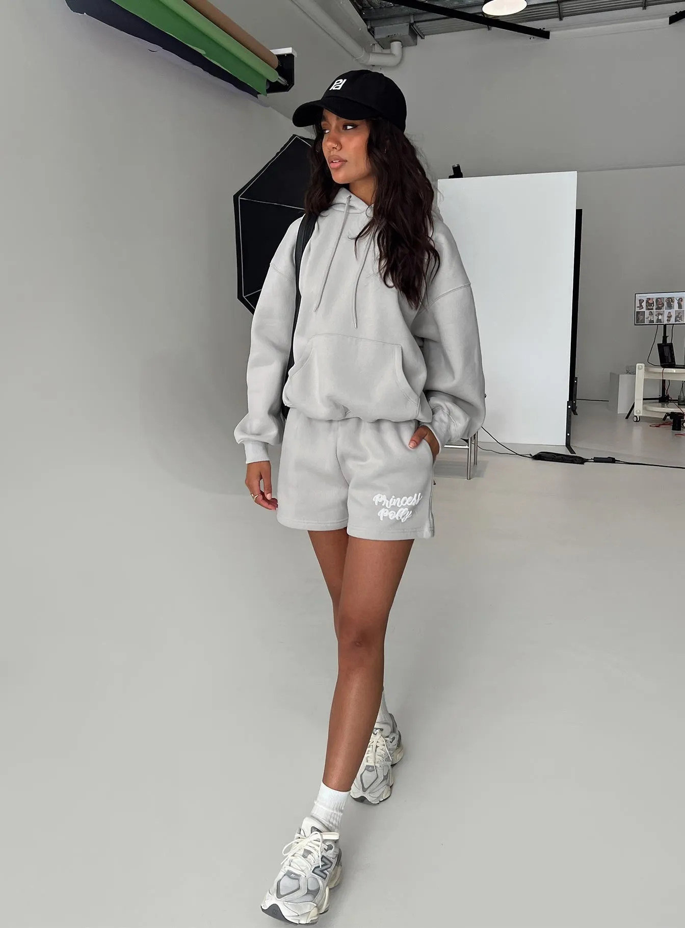 Princess Polly Track Shorts Puff Text Grey SweatWickingLining