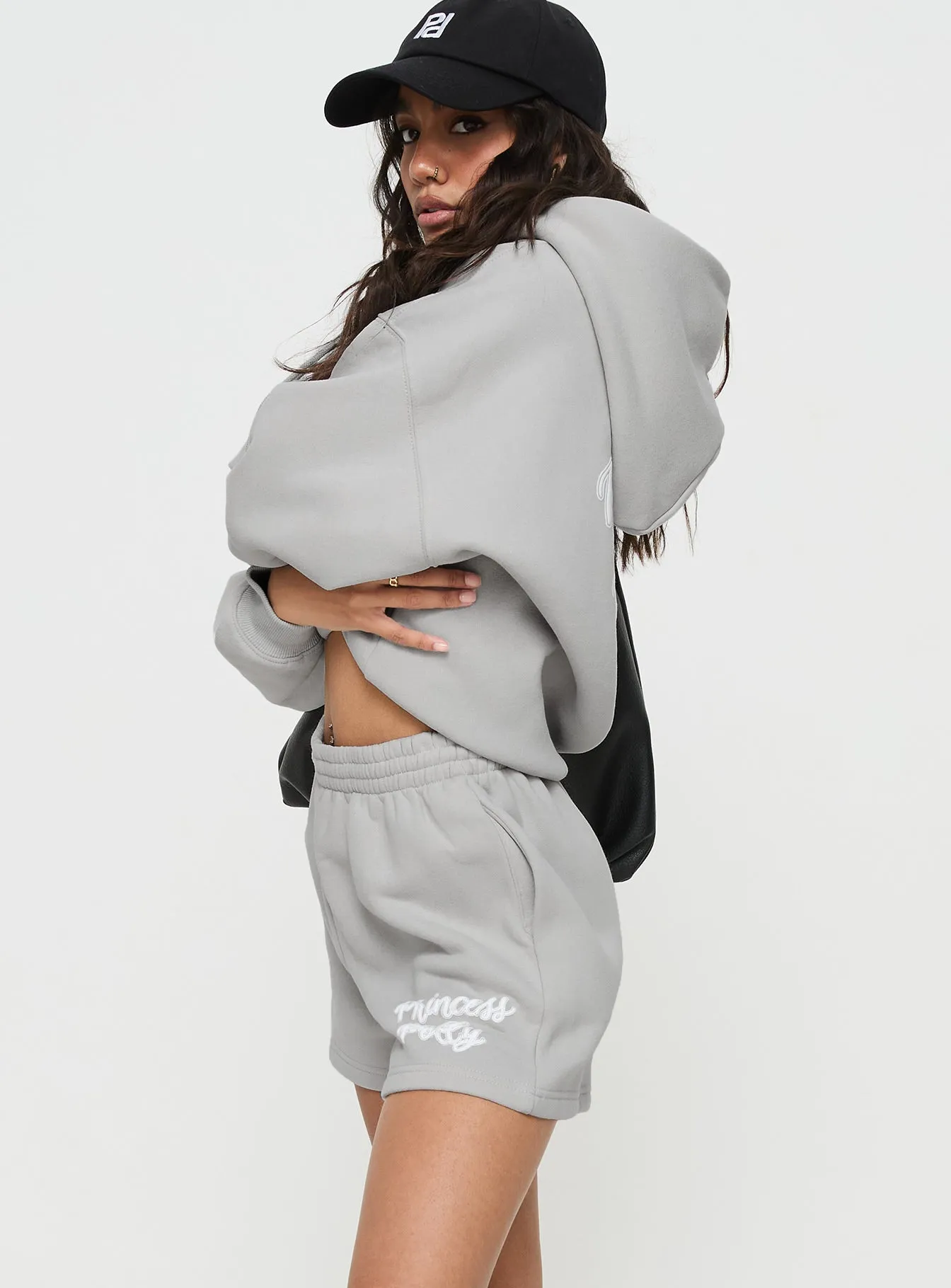Princess Polly Track Shorts Puff Text Grey Adjustable Straps Lift Mode