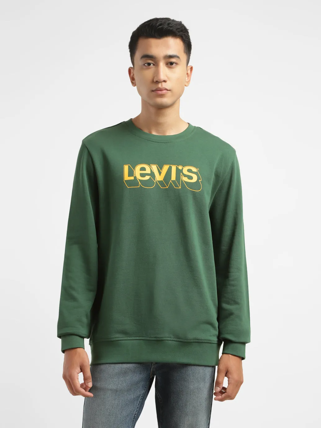 Men's Brand Logo Green Crew Neck Sweatshirt cafeteria look Double Stitched Seams