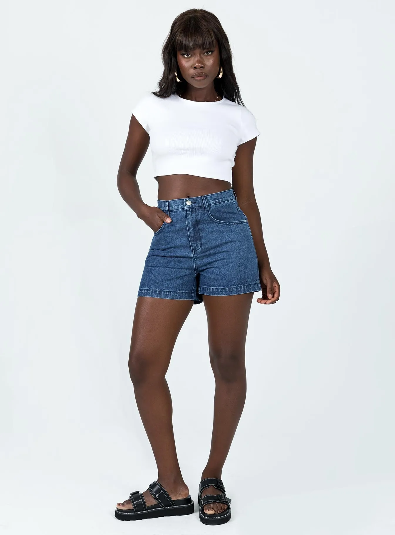 Buliti Mom Shorts Mid Wash Denim FlexibleCollarDesign