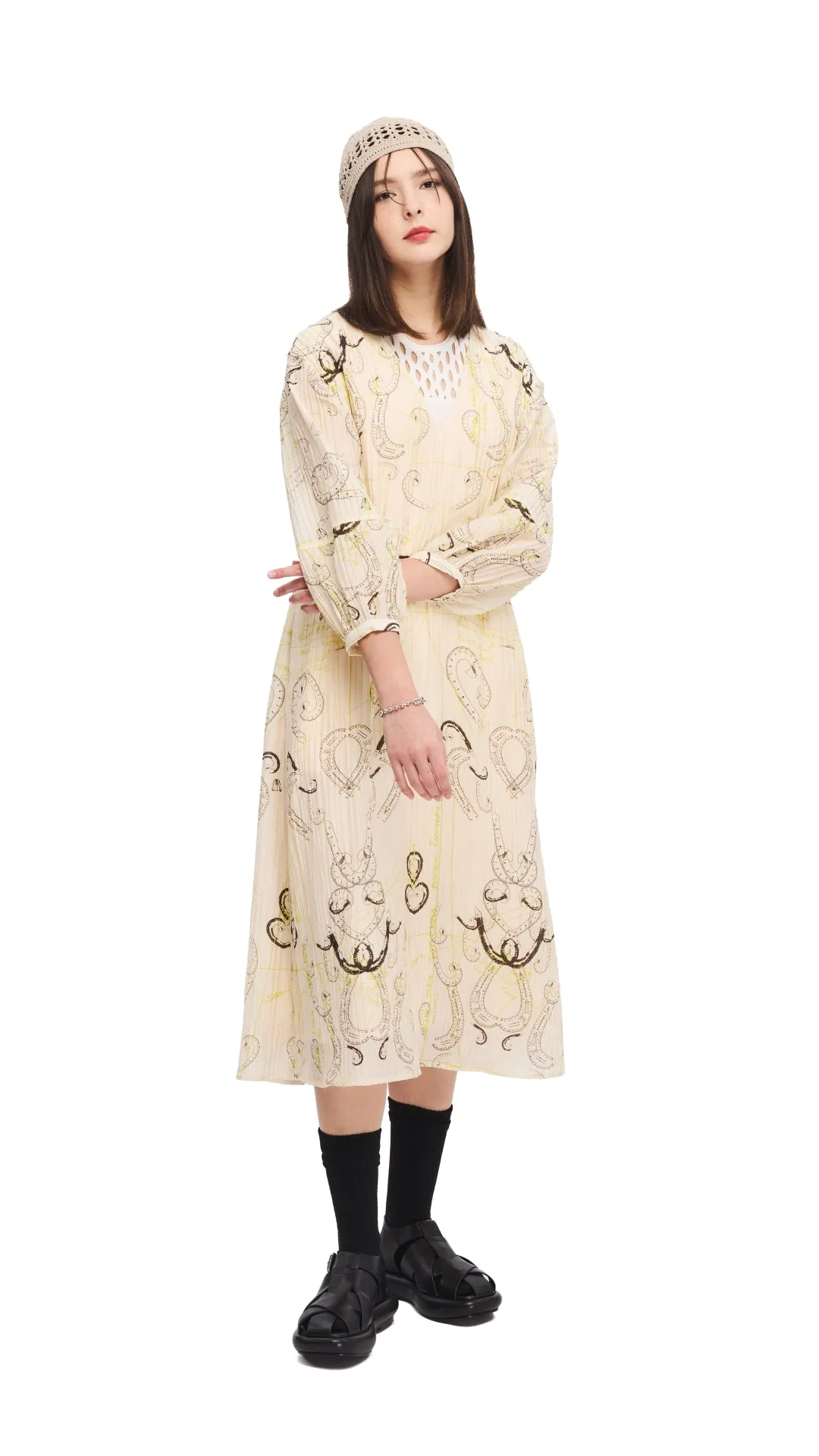 French Curve Ruler Print Puff-Sleeves Dress TagFreeDesign WeightlessLayeringPiece