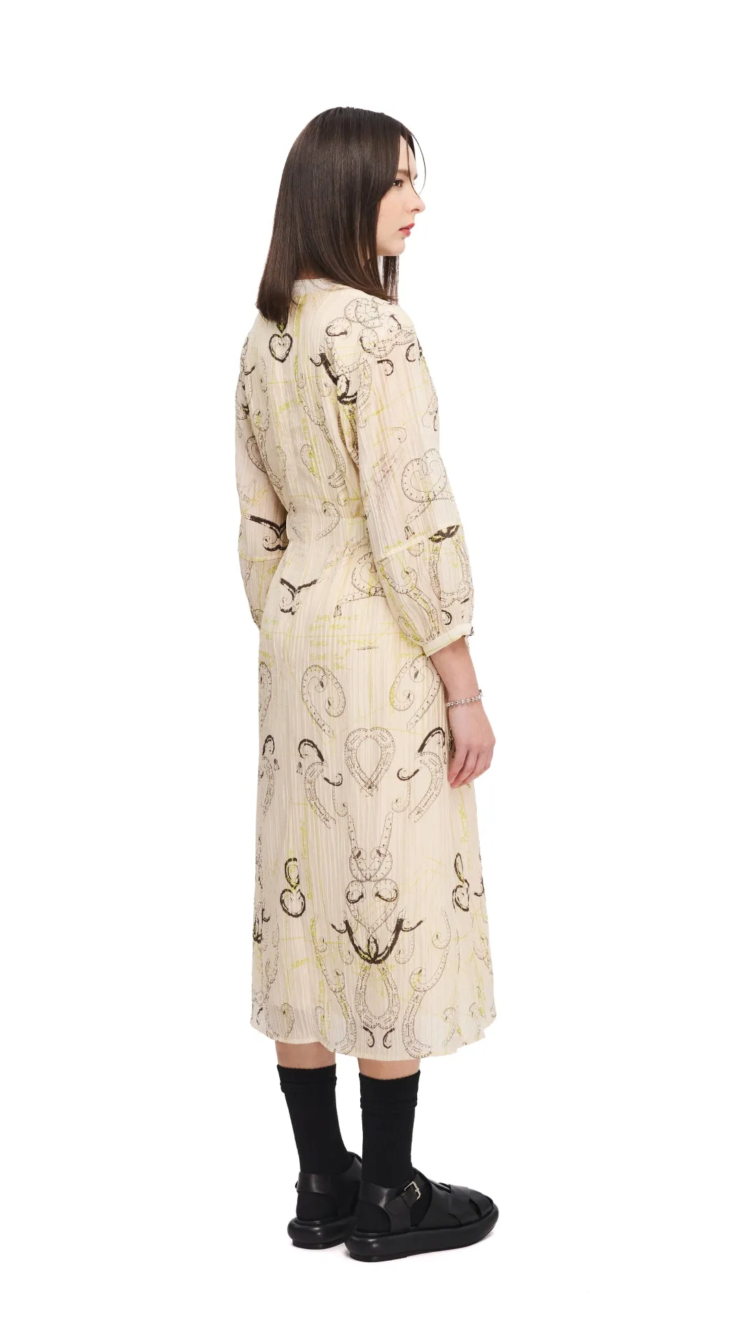 French Curve Ruler Print Puff-Sleeves Dress Light Wool