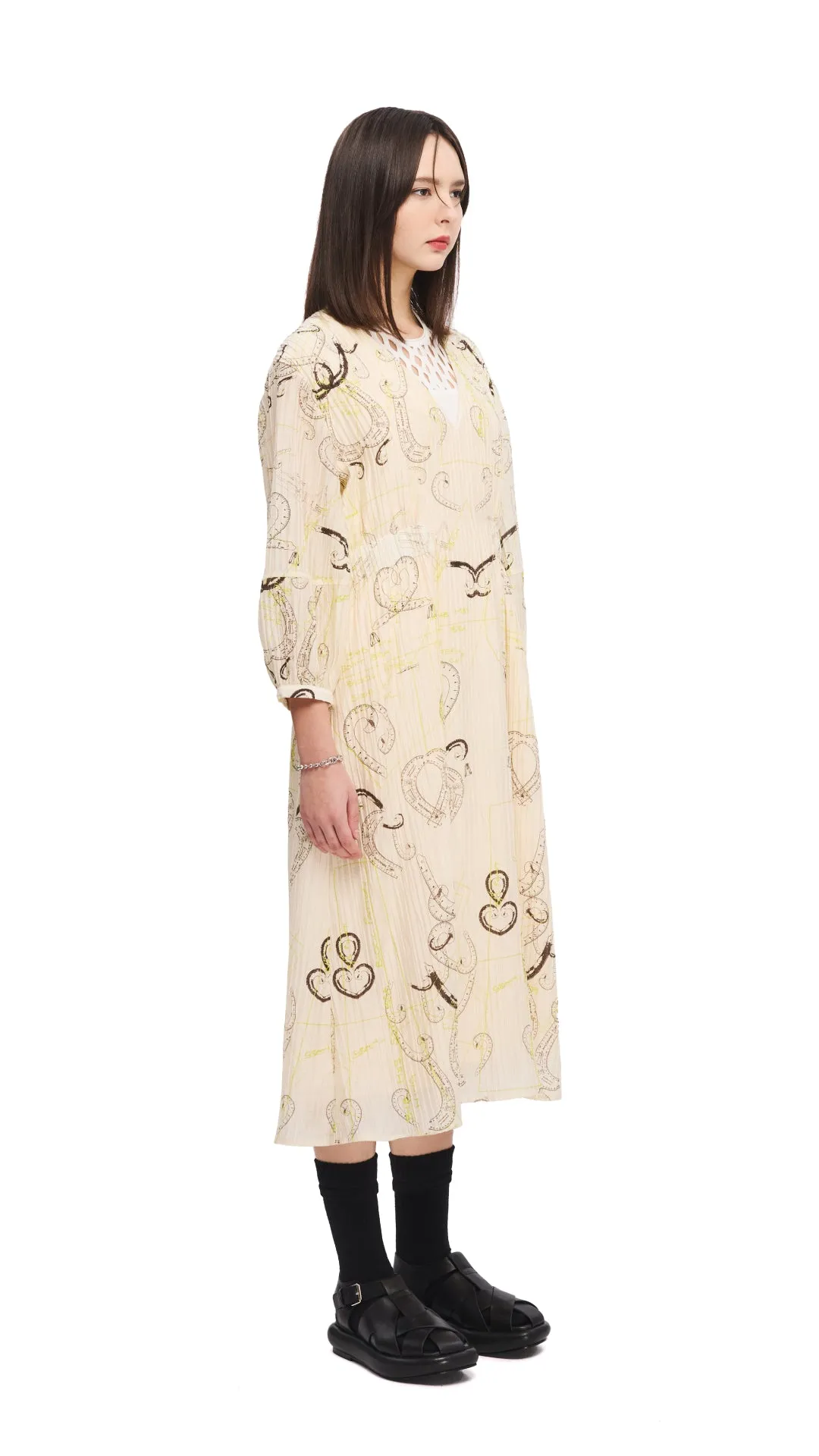French Curve Ruler Print Puff-Sleeves Dress Modern Chic